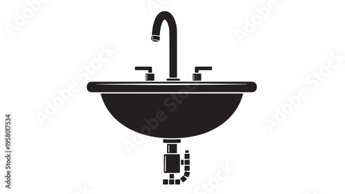 Sink with chrome faucet and plumbing trap, isolated black icon on a white background for illustration.