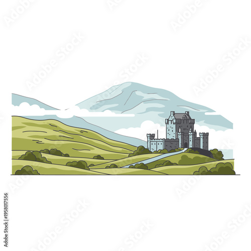 Medieval Castle on a Green Hillside Landscape.