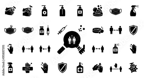 A modern vector illustration showcasing a grid-based collection of health prevention and hygiene icons, all designed in solid black silhouettes on a white background. The set includes handwashing symb