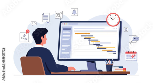 Man working on project management Gantt chart on computer.
