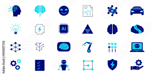Set of blue and white business icons for web design including vector symbols for internet technology finance and computer management.