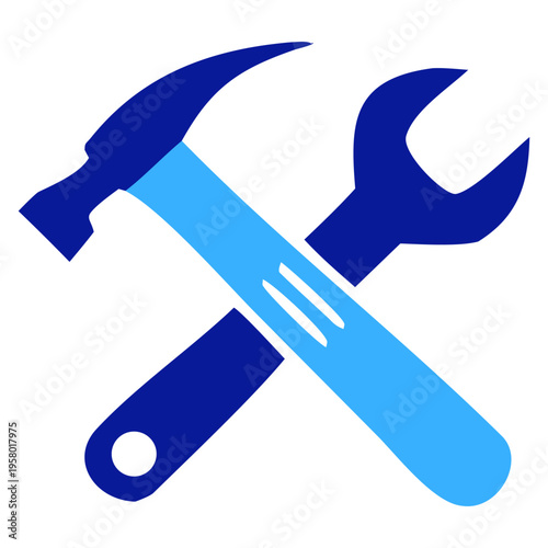 A vector illustration of a set of tools featuring a wrench, hammer, and screwdriver designed as a 3d metal icon for a web service repair button or construction support sign.