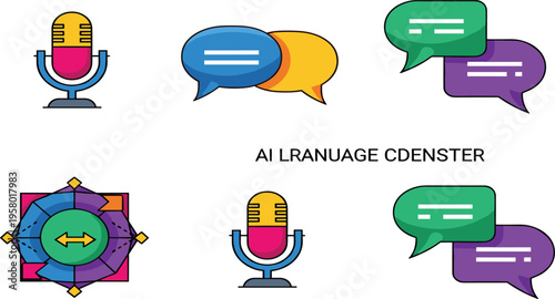 AI Language Communication Icon Set with Microphone Speech Bubbles Translation Interface and Voice Assistant Elements for Digital Conversation and Technology Design