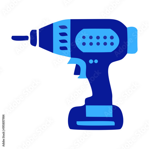 A hand holding a blue cordless electric drill and power screwdriver set with various metal bits isolated on a white background for construction and repair work.