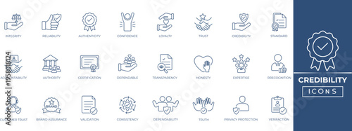 Credibility trust line icon set for quality assurance, brand reliability, compliance, security verification, and customer satisfaction. Vector outline icon collection.