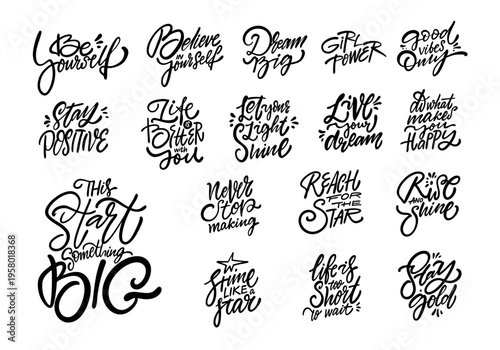 Handwritten script text lettering collection with motivational phrases