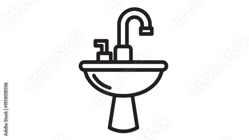 Sink pedestal icon with curved faucet and soap dispenser, a simple line drawing for plumbing and bathroom design.