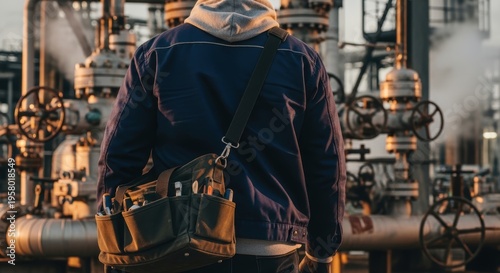 Industrial worker with tool bag at oil refinery in early morning light