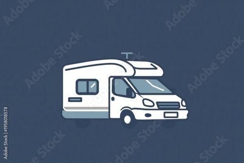 Modern white rv motorhome with blue accents on dark blue background