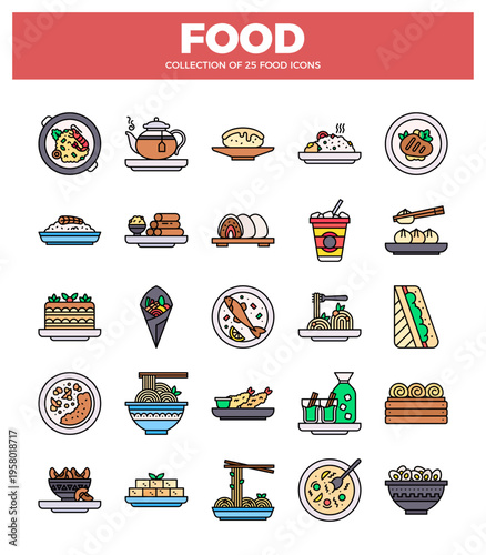 flat food icons presented on a white background with red header.