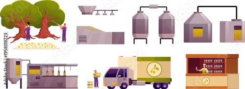 A set of isolated illustrations depicting the olive oil production process.