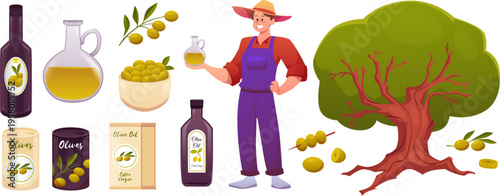 Olive oil, green olive fruits farm products vector set, farmer holding glass jar with olive oil, cartoon organic food