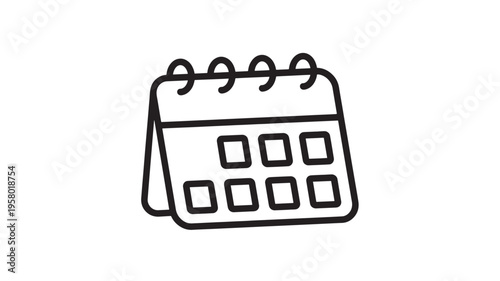 Calendar icon with black outline representing days and spiral binding for pages, standing on a base.