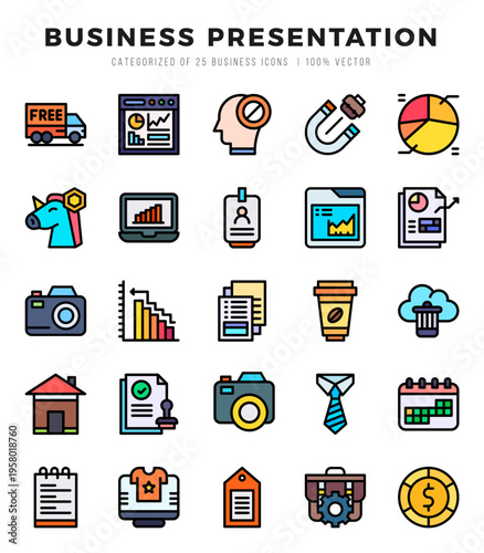 Set of Business Presentation Icons. Simple Lineal Color art style icons pack.