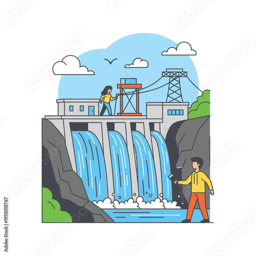 Hydroelectric Dam Power Generation with People.