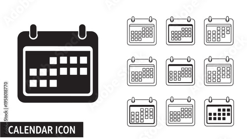 Calendar icons set featuring a solid black desktop calendar and several line art variations of monthly calendars for planning and scheduling.