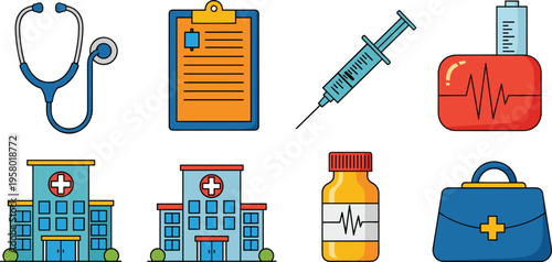 Medical and Healthcare Icon Set with Stethoscope Clipboard Syringe First Aid Kit Hospital Medicine Bottle and Emergency Health Service Elements for Clinical Design