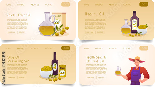 Olive oil, green olive fruits farm products landing page design vector set, healthy organic food and productions shop