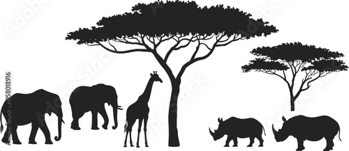 African savanna silhouettes, elephants, giraffe, rhinoceroses, acacia trees, wildlife scene, nature illustration, biodiversity, ecosystem, safari animals, natural habitat, conservation