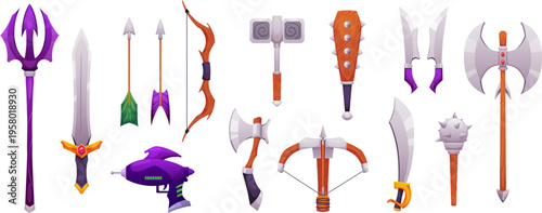 Cartoon game medieval weapons vector set, saber, sword with handle decorated gemstone, axe, trident, spiked mace, bow