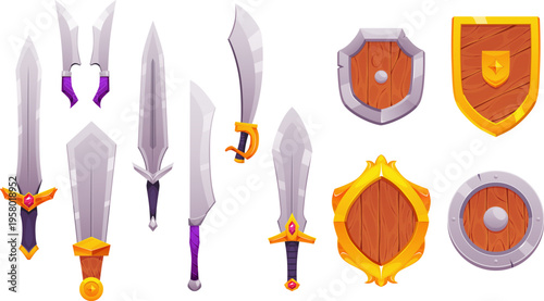 A collection of medieval swords, daggers, sabers, and shields of various shapes.