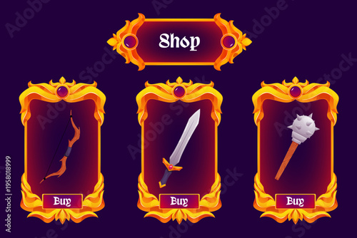 A set of golden frames with a bow, mace, and sword, for a game store interface.