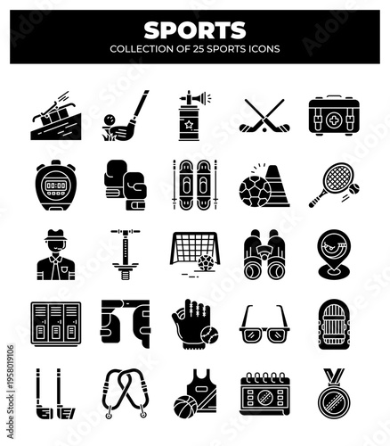 Collection of 25 Sports Icons.  Sport Equipment. Game. and Activity Vector Graphics