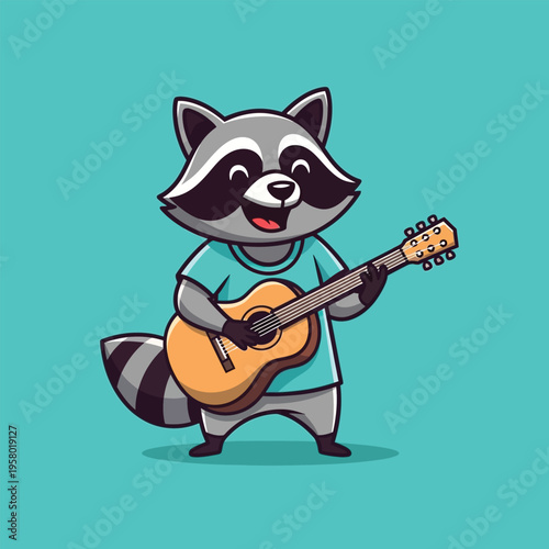 Cute Raccoon Character Playing Guitar Music Illustration.