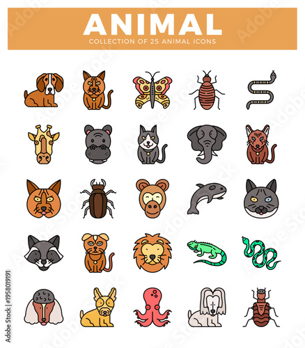 Cute. colorful animal icons arranged in a grid on a white background. representing a collection.