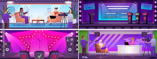 Talent show stage, talk show, interview, Quiz show stage, TV news in studio interior, TV translation vector flat set