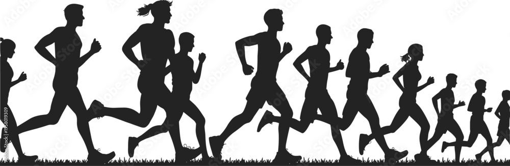 Fototapeta premium Silhouette collection of runners, group race artwork, outdoor fitness illustration, community sports design inspiration