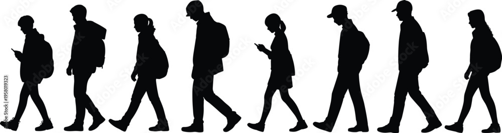 Fototapeta premium Walking silhouettes, commuters, students, backpacks, mobile phone use, pedestrian diversity, everyday life, modern lifestyle, urban movement, casual stride, technology habits