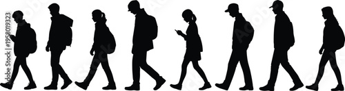 Walking silhouettes, commuters, students, backpacks, mobile phone use, pedestrian diversity, everyday life, modern lifestyle, urban movement, casual stride, technology habits