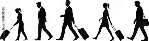 Silhouette collection of travelers with suitcases, business trip artwork, airport mobility inspiration, travel design illustration