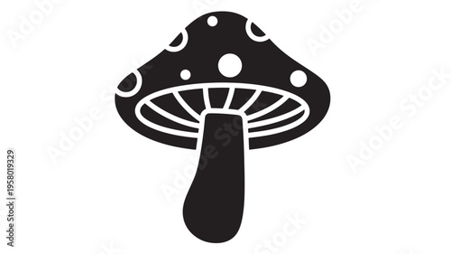 Mushroom icon with white spots on its cap, featuring gills underneath and a solid stem, stylized in black and white silhouette.