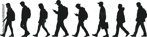 Walking silhouettes, urban pedestrians, commuters, backpacks, mobile phone use, everyday lifestyle, diverse people, casual stride, technology habits, modern city scene