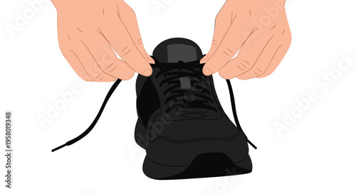Two hands are shown from a front-facing perspective tying black shoelaces on a single black athletic shoe.