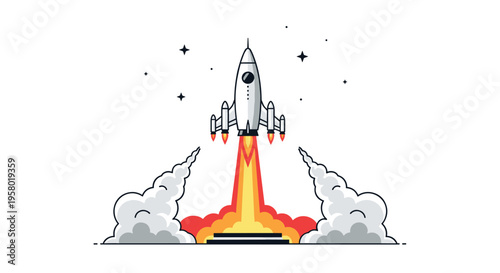 A white outlined rocket launches vertically with orange flames and grey smoke clouds against a white background.