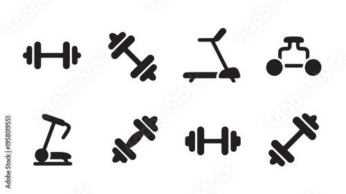 Black icons of dumbbells and exercise bikes on white background for fitness and workout concepts