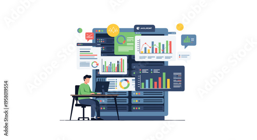 A person sits at a desk in front of a computer surrounded by multiple floating screens displaying data visualizations and charts.