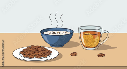cartoon illustration of breakfast table with coffee, oatmeal and cookies