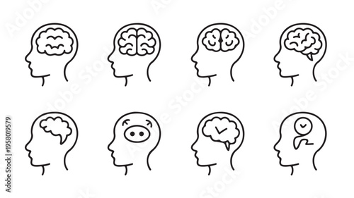 Black line illustrations of human heads with different thoughts and emotions for mental health and brain activity concepts