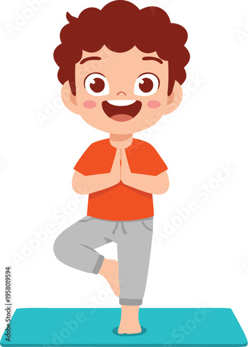 Cute little boy practicing yoga tree pose on mat, balance exercise with hands in prayer position, kids fitness healthy lifestyle vector illustration isolated.