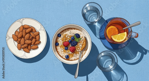 Healthy breakfast food with oatmeal, almonds, and fresh fruit on blue background