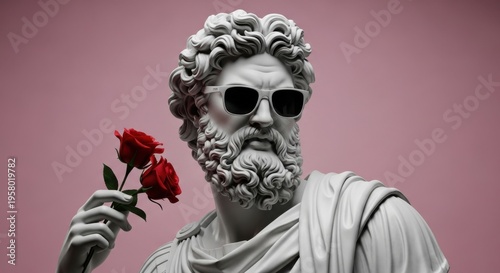 Greek Marble Statue Wearing Sunglasses and Holding Red Roses on Pink Background for Creative Modern Marketing and Romantic Pop Art Branding.