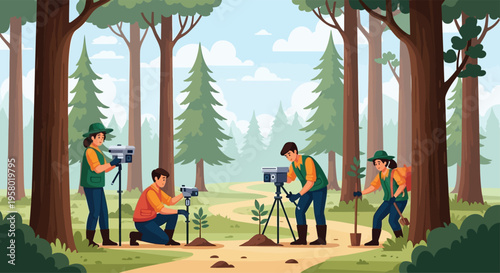 People planting trees in a forest setting.