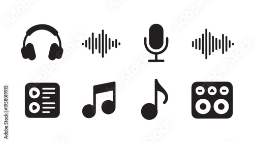 Music and audio icons including headphones, microphone, sound waves, music notes, and playback controls on a white background for multimedia concepts
