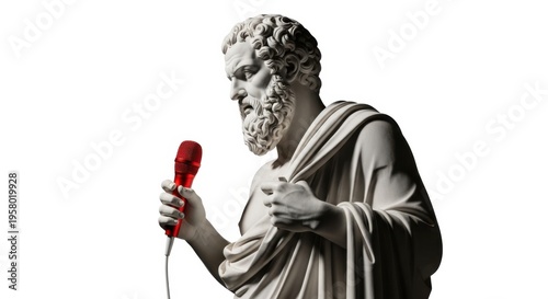 Ancient Greek Philosopher Statue Holding Red Microphone on White Background for Podcasting and Thought Leadership