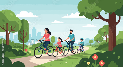 Family Cycling Together in a Park.