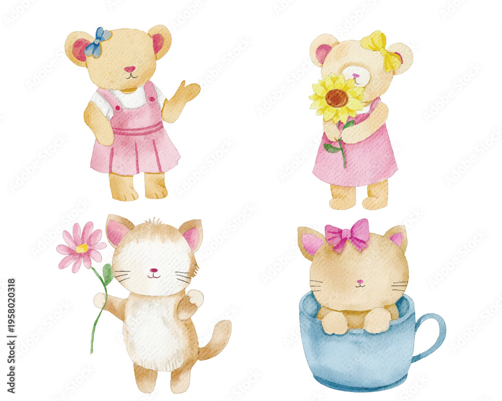 Obraz premium Cute Cat and Bear Watercolor Cartoon